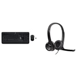 Logitech Advanced Combo Wireless Keyboard and Mouse- Black & H390 Wired Headset, Stereo Headphones with Noise-Cancelling Microphone, USB, In-Line Controls, PC/Mac/Laptop - Black