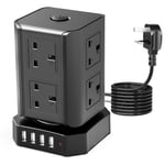 Tower Extension Lead,Tower plug extension with 8 Way Outlets 4 USB Ports, Surge Protector Power Strip Tower with 3M Cord, 3000W/13A, MiiKARE 12 in1 Vertical Power Socket for Home, Office - Black