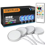 Under Cabinet Lighting, MYPLUS 4 Led Puck Lights Kit with Remote Control Color Change and Natural White,12V Cabinet Lights,20 Single Color,Timing Setting and Dynamic Mode, for Kitchen Cupboard