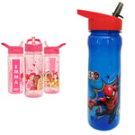 Disney Princess Personalised Sticker Water Bottle with Straw 500ml–Official Merchandise by Polar Gear - Pink & MARVEL 1325 1698 Spider-Man Hero Reusable Water Bottle, Blue and red, 600ml