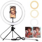 AJH With Tripod Stand 10" Ring Light,LED Ring Desktop Light,with Phone Holder USB Charger 3 Light Mode 10 Brightness 360° Rotation,for Video Makeup Selfie Photography