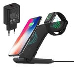 FACEVER 2 in 1 Wireless Charger, Fast Wireless Charging Stand, Qi Charging Station Dock for iPhone 12 Pro Max 11 XR XS 8 Plus Apple Watch 6 SE 5 4 3 2(With QC3.0 Adapter), Black