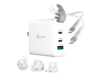 j5create - Strömadapter - 3-port, GaN, with changeable AC plugs and USB-C cable - 65 Watt - 1.5 A - Apple Fast Charge, Fast Charge, PD 3.0, QC 3.0, Superladdning, Apple 2.4A, BC1.2 - på kabel: USB, USB-C - vit