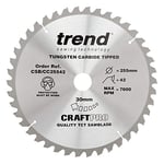 Trend CraftPro TCT Negative Hook Cross-Cutting Mitre Saw Blade, 255mm Diameter, 30mm Bore, 42 Teeth, 2.4mm Kerf, -5° Hook, CSB/CC25542