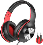 iClever HS18 Over Ear Headphones with Microphone - Lightweight Stereo Headphones, Adjustable Foldable Wired Headphones with 3.5mm Jack for Online Class/Meeting/PC/Phone/Computer (Red)