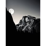 Moonrise by Half Dome in Yosemite National Park High Contrast Black White Photograph Full Moon and Mountain Forest Landscape Unframed Wall Art Print P