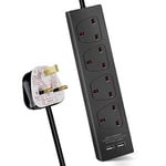 ExtraStar 4 Way Extension Lead with 2 USB Slots, 13A UK Plug Extension, Wall Mounted Power Strips with 5M/16.4FT Extension Cable - Black