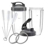 Replacement Parts for NutriBullet, 2 X 32oz Tall Cups, 2 Flip Top to Go Lids, 2 Gaskets & Cleaner Brush for NBullet 600W and 900W (7-Piece)