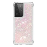 Samsung S21 Ultra 5G Case Glitter, Bling Sparkle Quicksand Flowing Liquid Clear Transparent TPU Gel Silicone ShockProof Protective Phone Case for Samsung Galaxy S21 Ultra Cover Girls, Silver & Pink