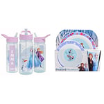 Disney Frozen Magic Personalised Sticker Water Bottle with Straw 500ml - Purple & Frozen Kids Tableware 3 Piece Reusable PP Plate