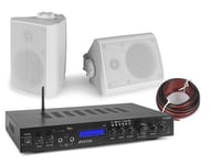 Ljudpaket med Bluetooth förstärkare och 2st vita vägghögtalare Fenton AV-150BT BGO40V, Komplett ljudpaket med 2st vita högtalare förstärkare och högtalarkabel