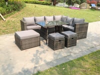 9 Seater Grey Rattan Corner Sofa Set Dining Table with 2 Small Footstool Garden Furniture Outdoor
