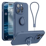 pcgaga Coque en Silicone pour iPhone 14 Pro Max avec Verre Trempé, [Protection de la caméra] [Doublure en Microfibre] [Support pour Anneau] [Dragonne Portable] 6.7'', Bleu