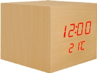 LTC LTC, LED cube alarm clock with thermometer, natural wood color.