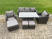 Outdoor Rattan Furniture Garden Dining Set Rising lifting Table and Chair Set With  Lounge Sofa 3 Footstools