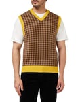 United Colors of Benetton Men's V Neck Sweater S/M 1135k400o Vest, Pied De Poule Brown and Beige and Ocher Yellow 0d6, S