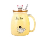Cat Mug Cute Ceramic Coffee Cup with Lovely Kitty lid Stainless Steel Spoon,Novelty Morning Cup Tea Milk Christmas Mug Gift 380ML (Yellow)