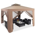COSTWAY Barnum Garden Gazebo 3x3M-4 Avtagbara väggar-Fristående myggnät-Anti-sol polyester-Dubbelventilerat tak-Brun Brun