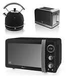 New Swan Kitchen Appliance Retro Set - Black Digital 20L Microwave, Black 1.7 Litre Dome Kettle & Black Retro Stylish 2 Slice Toaster Set