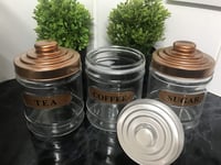 Set of 3 Tea Coffee Sugar Glass Canisters Rose Gold Lid Kitchen Storage Jar Gift