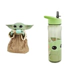 Star Wars Galactic Snackin’ Grogu 23.5-cm-Tall Animatronic Toy & Mandalorian Water Bottle with Straw – Reusable Kids 600ml PP in Grey & Green – For School Nursery Sports Picnic