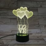 LED 3D nattljuslampor Visuella hjärtformade ballonger Akryl Väggdekor Sju färger Ändra presenter