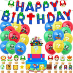 Super Mario Temafest Tillbehör Födelsedag Banner Tårta Cupcake Toppers Ballonger Dekoration Set Presenter (FMY)
