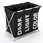 Black Canvas Laundry Bag Basket 3 Compartments Stand Foldable 18.5x21cm