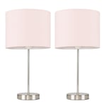Pair of - Modern Standard Table Lamps in a Brushed Chrome Metal Finish with a Pink Cylinder Shade - Complete with 4w LED Candle Bulbs [3000K Warm White]
