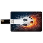 32G USB Flash Drives Credit Card Shape Sports Decor Memory Stick Bank Card Style Soccer Ball on Fire and Water Flame Splashing Thunder Lightning Abstract Waterproof Pen Thumb Lovely Jump Drive U Disk