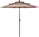 YRRA 10 Ft 3 Tier Patio Umbrella Outdoor Umbrella W/Double Vented Market Table Tilt Umbrella with Crank Outdoor Aluminum Umbrella for Market Backyard Pool Garden (Beige)-Beige