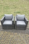 2 PC Outdoor Rattan Arm Sofa Chair Garden Furniture With Seat and Back Cushion Dark Grey Mixed