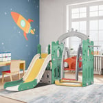 Aire de jeux pour enfants 5 en 1 avec balançoires, toboggans, tour d'escalade, panier de basket - Convient pour l'intérieur et l'extérieur - Vert