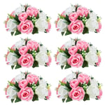 NUPTIO Pcs of 6 Fake Flower Ball Arrangement Bouquet,15 Heads Plastic Roses with Base, Suitable for Our Store's Wedding Centerpiece Flower Rack for Parties Valentine's Day Home Décor (Pink & White)