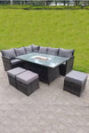 High Back Corner Rattan  Sofa Gas Fire Pit Dining Table Sets Gas Heater 9 Seater 3 Small Footstools