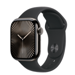 Apple Watch Series 10 (GPS + Cellular) • Titanboett skiffer, 42 mm • Sportband svart – S/M