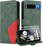 Housse Protectrice 3-En-1 Pour Google Pixel 8pro - Coque Cuir Pu Avec Verre Trempé 2x, Fermeture Magnétique, Fonction Support Intégré - Vert Et Rouge