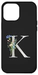 iPhone 15 Pro Max Black Titanium Floral Letter K Silver Initial personalised Case