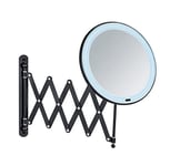 WENKO Miroir mural télescopique LED Barona, miroir de maquillage extensible à éclairage LED et grossissement 5x, allumage/extinction sur pression de bouton, fonctionne sur piles ou par câble USB, noir