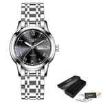 LIGE Mode Damklockor Dam Top Märke Lyx rostfritt stål Kalender Sport Quartz Watch Dam Vattentät watch Silver black