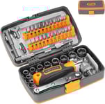 MONDODIGITALE-Douilles Tournevis À Cliquet, Jeu De Clés À Douille Avec Cliquets 1/4"", Kit Tournevis De Précision, Caisse À Outil Complete, Douilles En Cr-V, Outillage Mecanique Auto, 38 Pièces