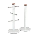 Tower T826004WR Mug Tree and Towel Pole Set, Stainless Steel, Non-Scratch, White Marble and Rose Gold