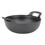 Uncoated Cast Iron Wok With 2 Handle Wooden Lid Flat Base Frying Pan 25cm New