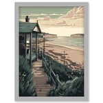 Summer Beach House Coastal Landscape Illustration Artwork Framed Wall Art Print A4