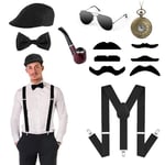 ACWOO Accessoire Annee 20 Homme, 7PCS Great Gatsby Gangster Costume, Années 1920 Déguisement, avec Chapeau Panama Montre de Poche Bretelles Noeud Papillon Barbes Lunettes pour Carnaval