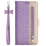 ZCDAYE Zipper Wallet Case for iPhone 12/iPhone 12 Pro,iPhone 12/iPhone 12 Pro Cover,Fabulous Glossy Pattern Magnetic Closure PU Leather [Bowknot Lanyard][Kickstand][Card Slots] Soft TPU 6.1‘’ -Purple