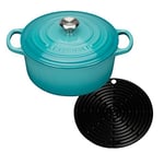 Le Creuset Signature Cast Iron Round Casserole, 22 Cm - Teal With Cooling Tool