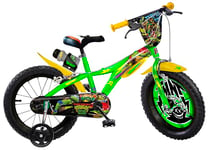 Dino Bikes Teenage Mutant Ninja Turtles - Mutant Mayhem 14 inch Unisex Children’s Bicycle with stabilisers and drinks bottle, suits child 4-7 Years, Green and Yellow