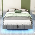 Stoppad säng med förvaringsutrymme 140x200 cm - utan sänggavel - med LED-belysning - linne - grå (madrass ingår ej)