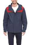 Tommy Hilfiger Men's Lightweight Breathable Waterproof Hooded Jacket Raincoat, Navy/Red, L